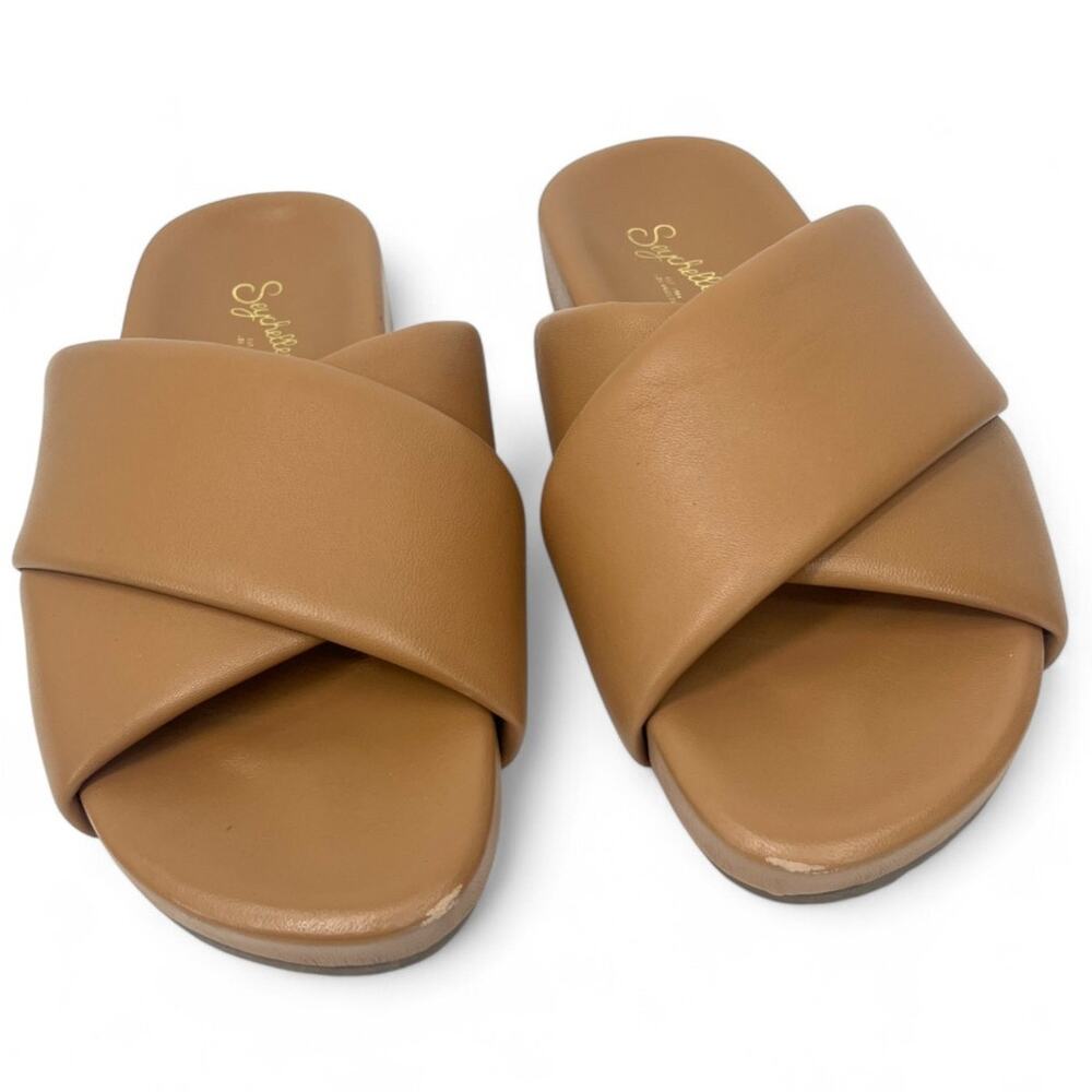 Seychelles x Anthropologie | 7 | Heartfelt Tan Leather Puffed Crossband Slides - Picture 2 of 5